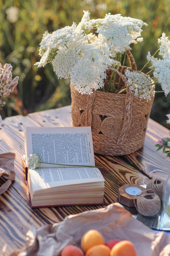 Flowers in a Basket and Decor Aesthetic Summer Composition